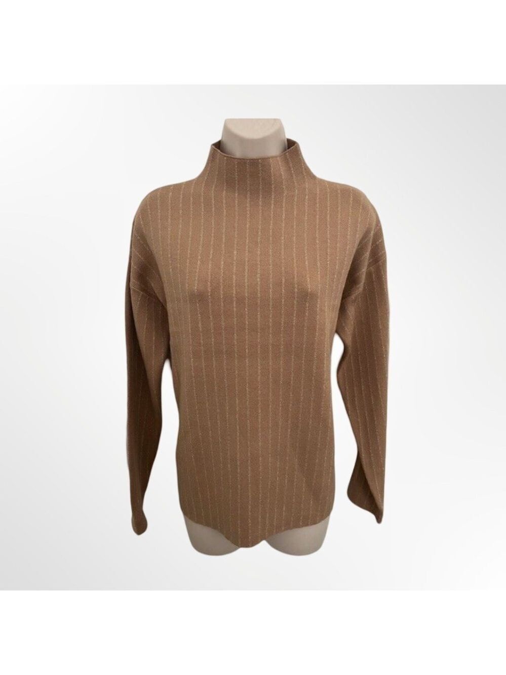 Tahari Long Sleeve Mock Neck Metallic Tan Gold Stripes Sweater NWT Size S
